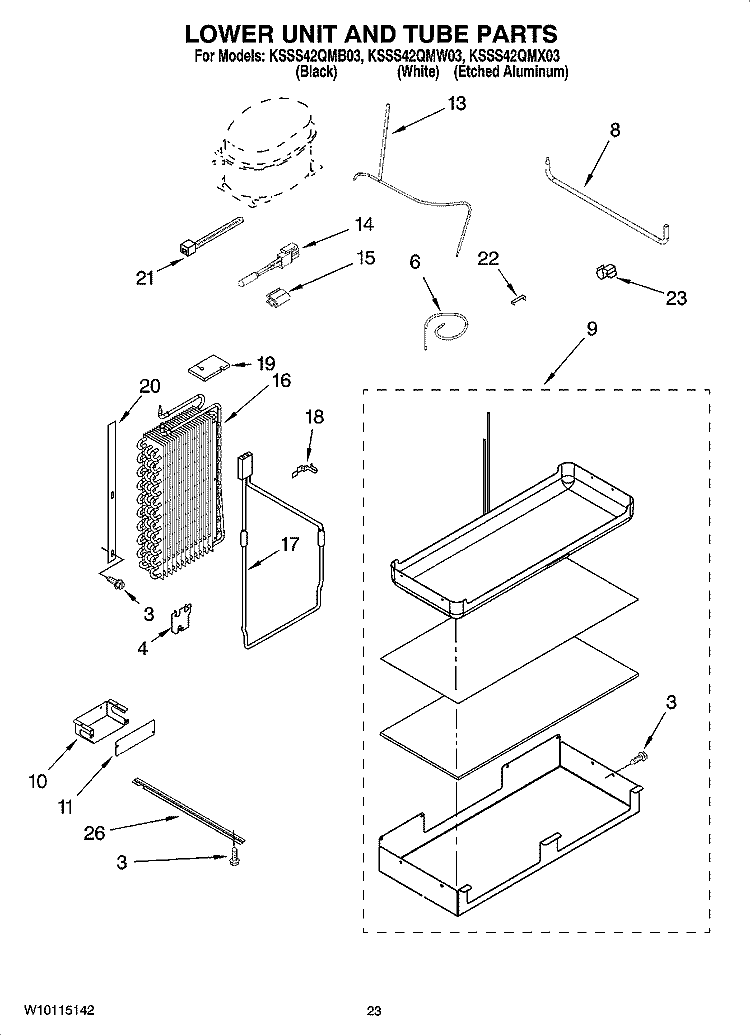 LOWER UNIT AND TUBE PARTS Diagram and Parts List for KSSS42QMW03  KitchenAid Refrigerator