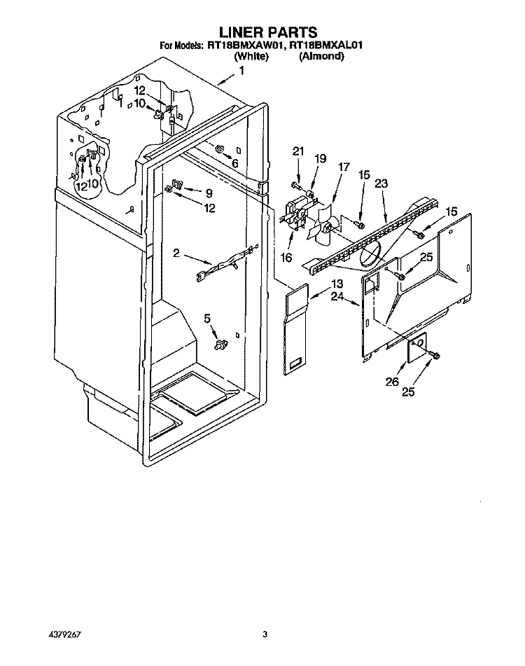 LINER Diagram and Parts List for RT18BMXAW01  Roper Refrigerator