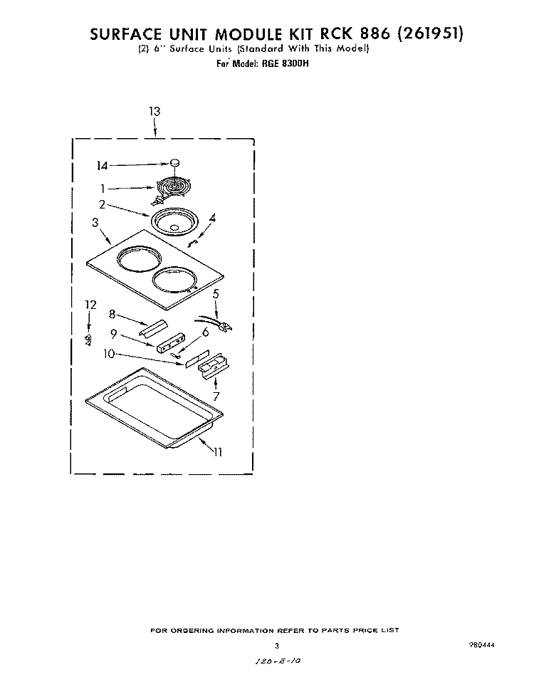 SURFACE UNIT MODULE KIT RCK886(2619 Diagram and Parts List for RGE8300H  Whirlpool Range