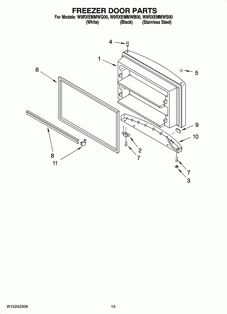 FREEZER DOOR PARTS, OPTIONAL PARTS Diagram and Parts List for W9RXEMMWB00  Whirlpool Refrigerator
