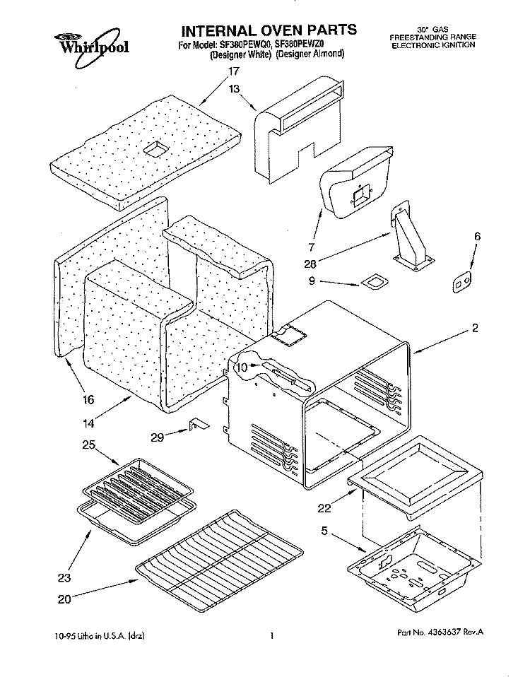 INTERNAL OVEN Diagram and Parts List for SF380PEWQ0  Whirlpool Range