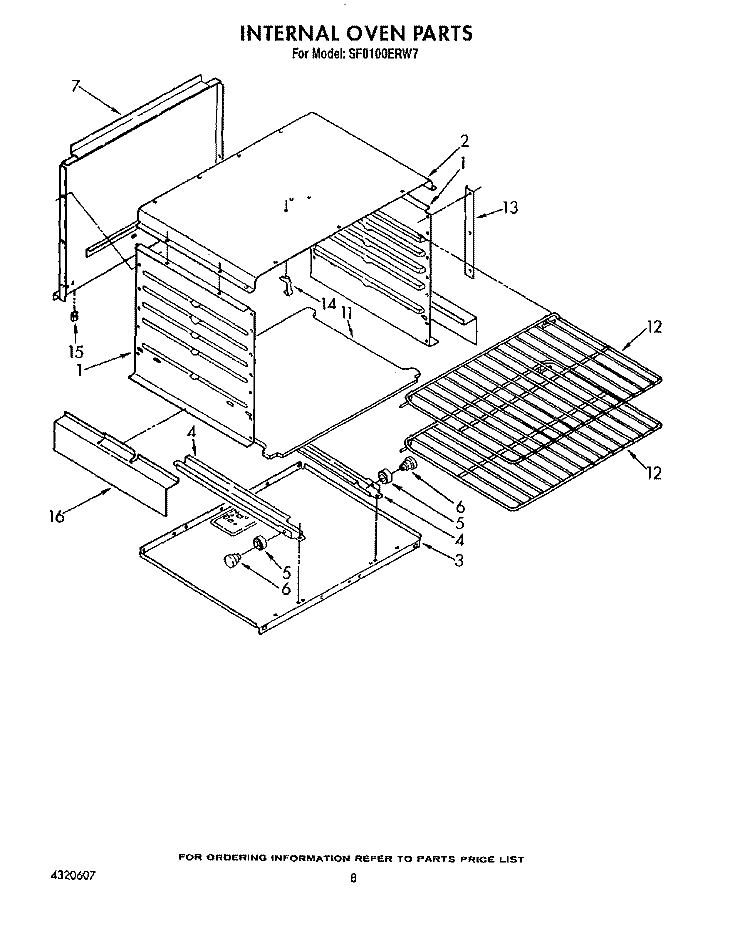 INTERNAL OVEN Diagram and Parts List for SF0100ERW7  Whirlpool Range
