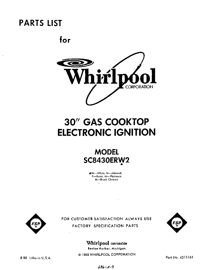 SECTION Diagram and Parts List for SC8430ERW2  Whirlpool Cooktop