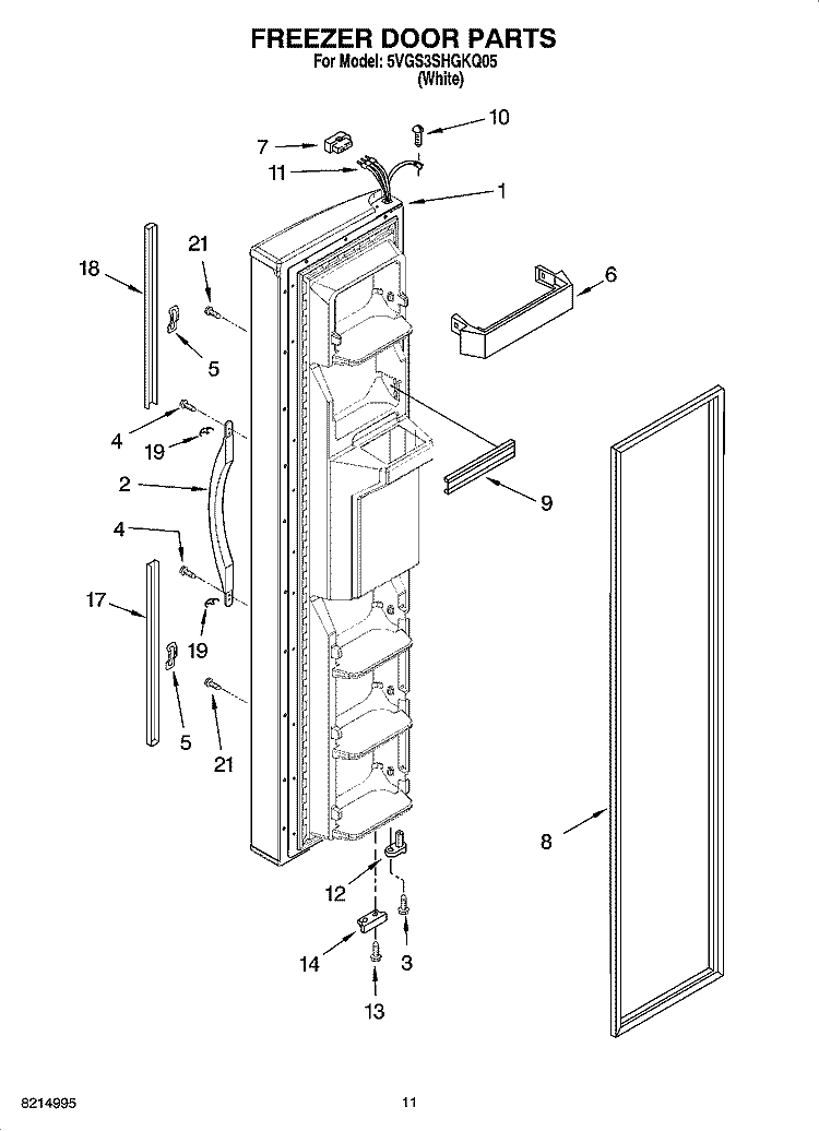 FREEZER DOOR PARTS Diagram and Parts List for 5VGS3SHGKQ05  Whirlpool Refrigerator