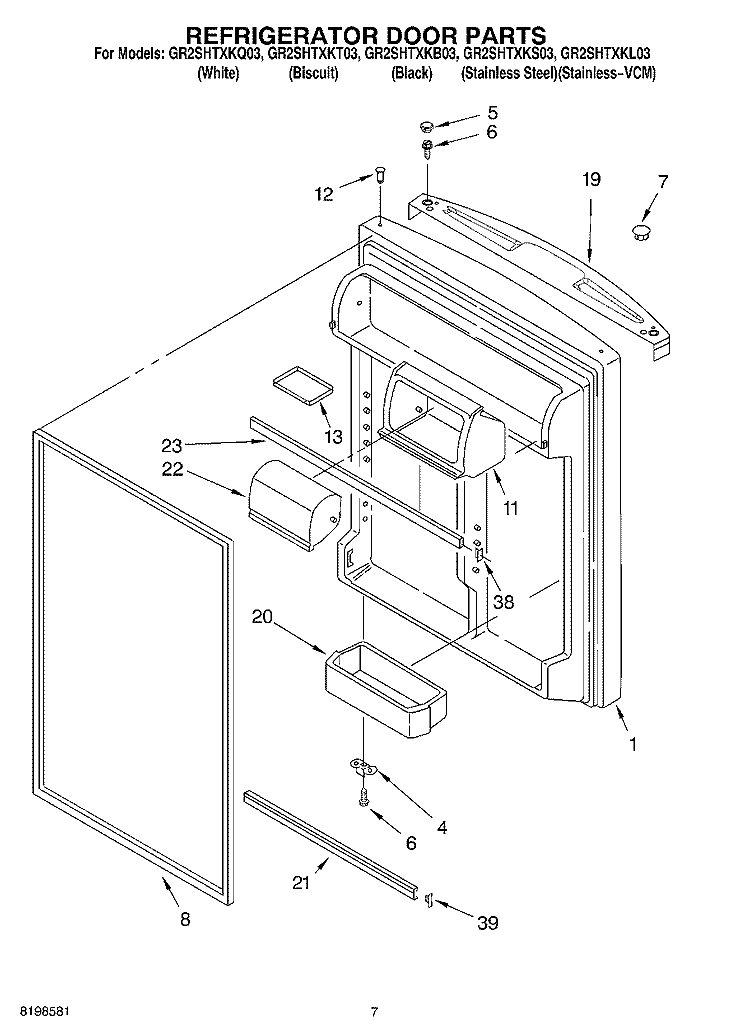 REFRIGERATOR DOOR PARTS Diagram and Parts List for GR2SHTXKL03  Whirlpool Refrigerator