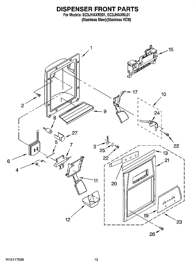 DISPENSER FRONT PARTS Diagram and Parts List for EC3JHAXRS01  Whirlpool Refrigerator