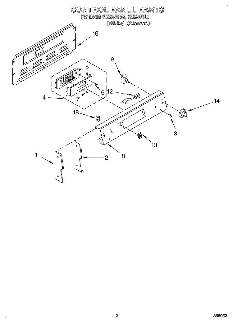 CONTROL PANEL Diagram and Parts List for FES355YW2  Roper Range