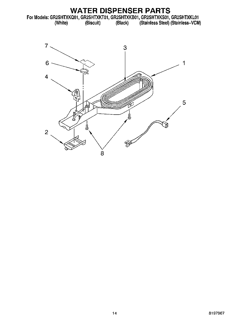 WATER DISPENSER, OPTIONAL Diagram and Parts List for GR2SHTXKL01  Whirlpool Refrigerator