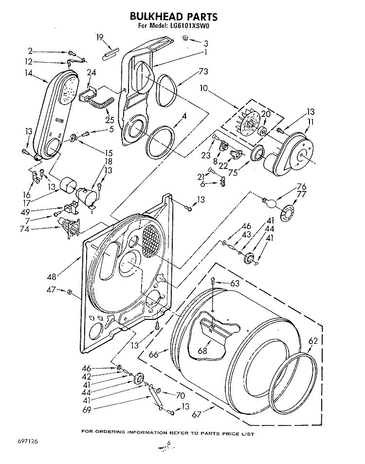 BULKHEAD Diagram and Parts List for LG6101XSW0  Whirlpool Dryer