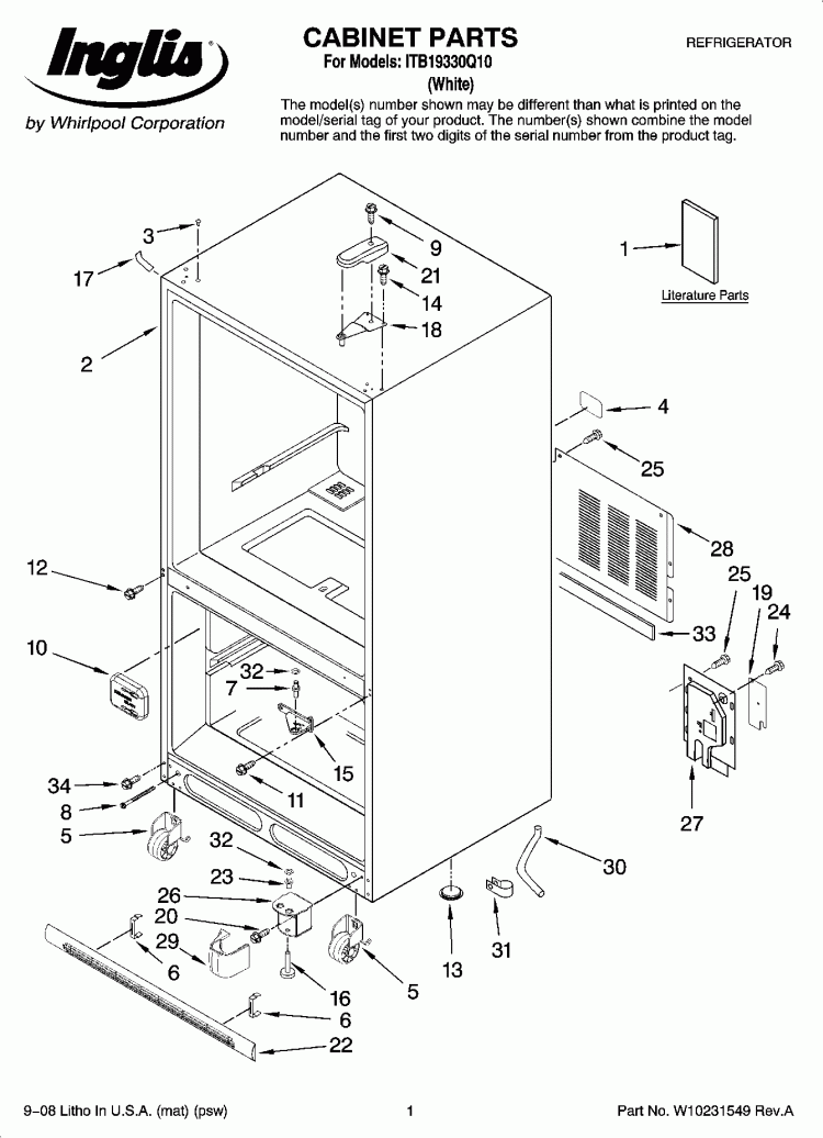 CABINET PARTS Diagram and Parts List for ITB19330Q10  Inglis Refrigerator