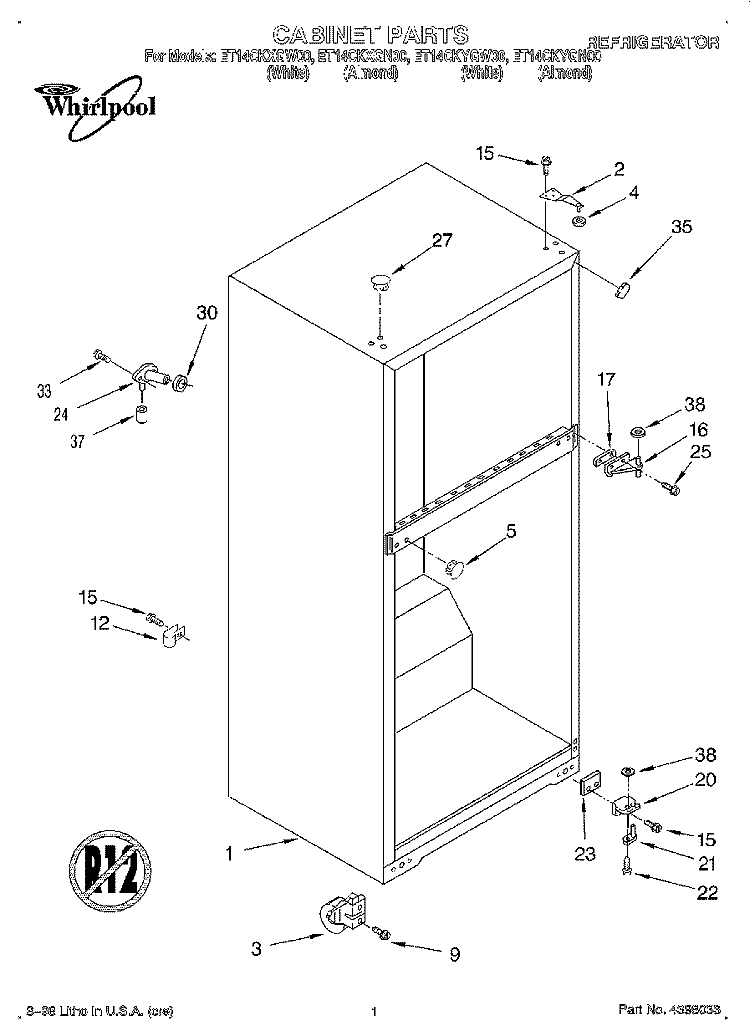 CABINET Diagram and Parts List for ET14CKYGN00  Whirlpool Refrigerator