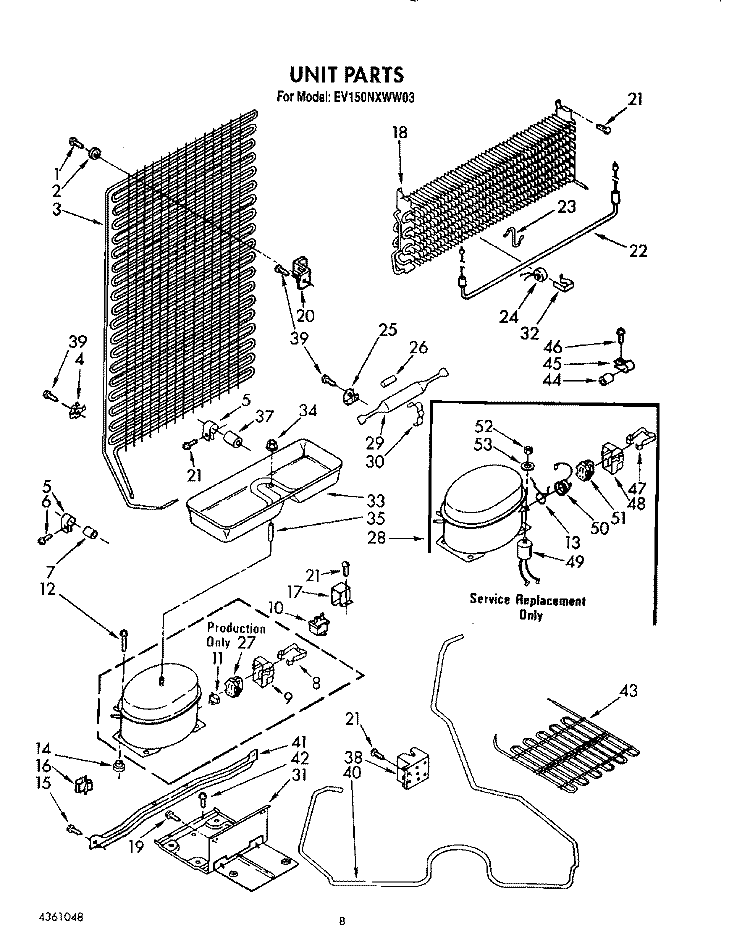 UNIT Diagram and Parts List for EV150NXWW03  Whirlpool Freezer