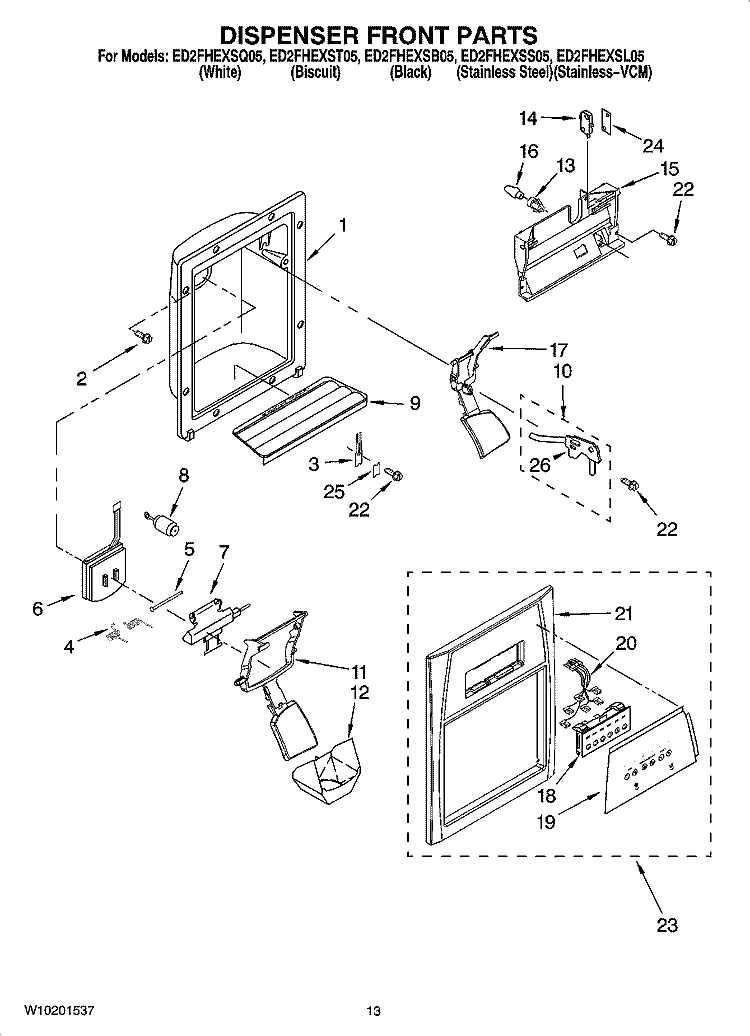 DISPENSER FRONT PARTS Diagram and Parts List for ED2FHEXST05  Whirlpool Refrigerator