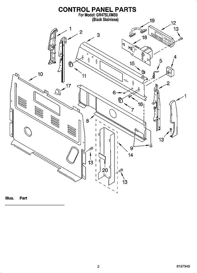 CONTROL PANEL PARTS Diagram and Parts List for GR475LXMS0  Whirlpool Range
