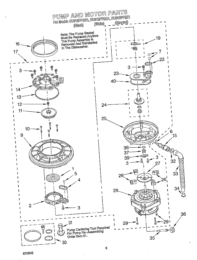 PUMP AND MOTOR Diagram and Parts List for DU912PFGB1  Whirlpool Dishwasher