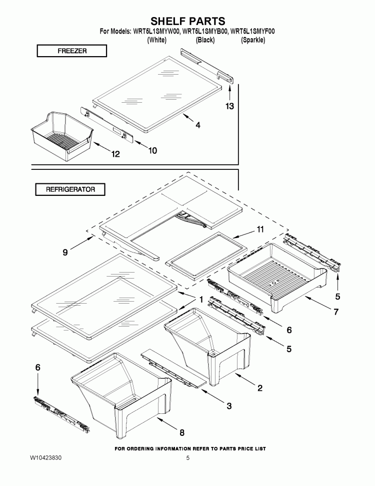 SHELF PARTS Diagram and Parts List for WRT5L1SMYB00  Whirlpool Refrigerator
