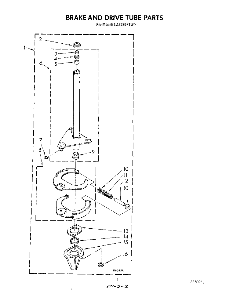 BRAKE AND DRIVE TUBE Diagram and Parts List for LA5280XTN0  Whirlpool Washer