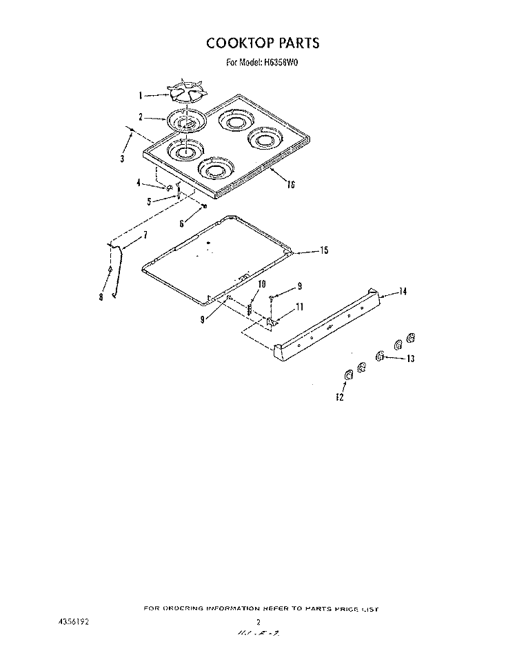 COOKTOP Diagram and Parts List for H6358L0  Roper Range