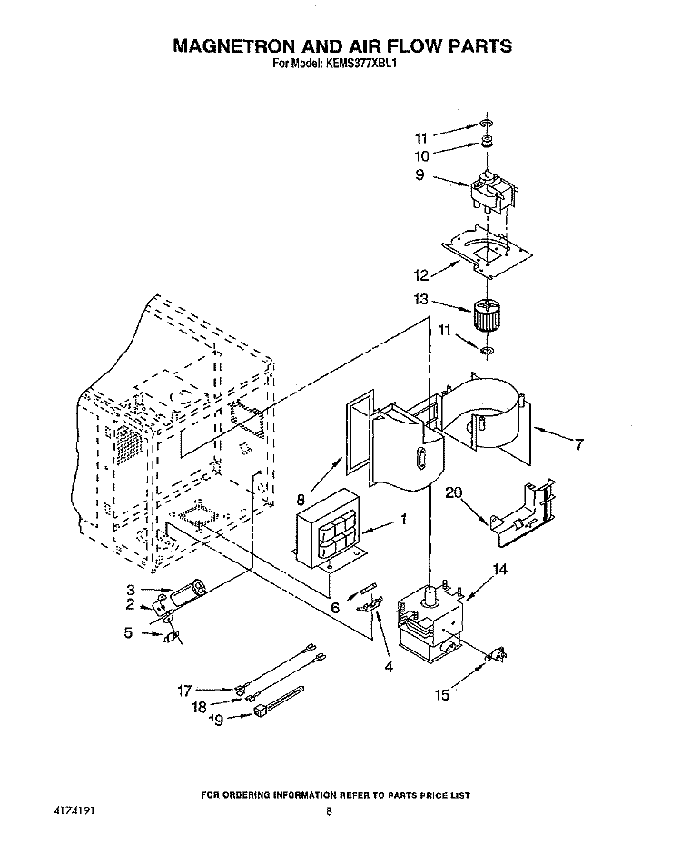 MAGNETRON AND AIR FLOW Diagram and Parts List for KEMS377XBL1  KitchenAid Microwave Oven Combo