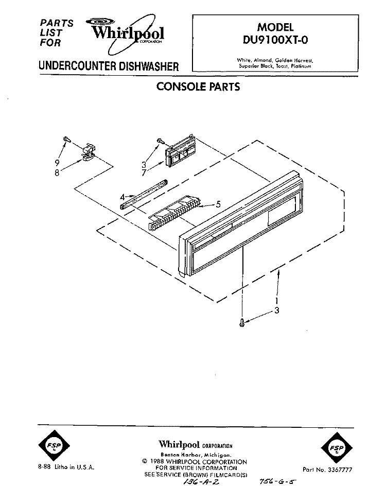 CONSOLE Diagram and Parts List for DU9100XT0  Whirlpool Dishwasher