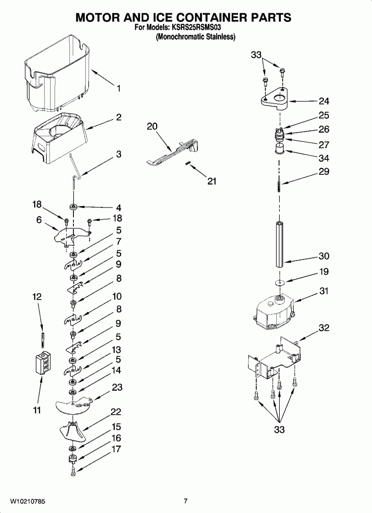 MOTOR AND ICE CONTAINER PARTS Diagram and Parts List for KSRS25RSMS03  KitchenAid Refrigerator