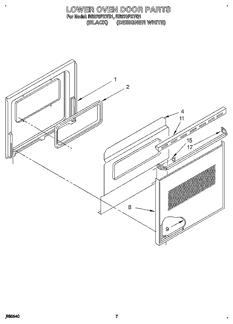LOWER OVEN DOOR, OPTIONAL Diagram and Parts List for RB270PXYQ1  Whirlpool Wall Oven