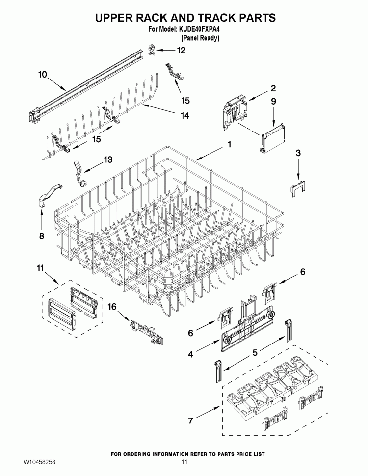 UPPER RACK AND TRACK PARTS Diagram and Parts List for KUDE40FXPA4  KitchenAid Dishwasher