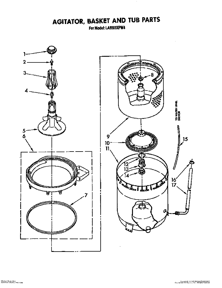 AGITATOR, BASKET AND TUBE Diagram and Parts List for LA5599XPW4  Whirlpool Washer