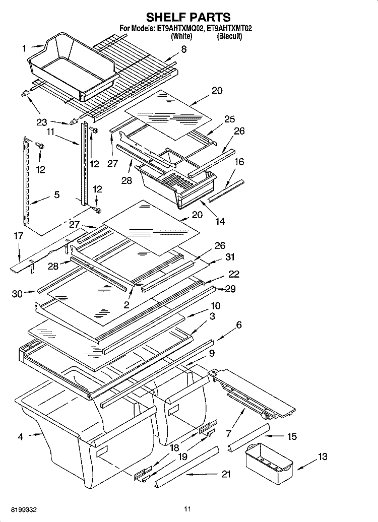 SHELF PARTS Diagram and Parts List for ET9AHTXMQ02  Whirlpool Refrigerator