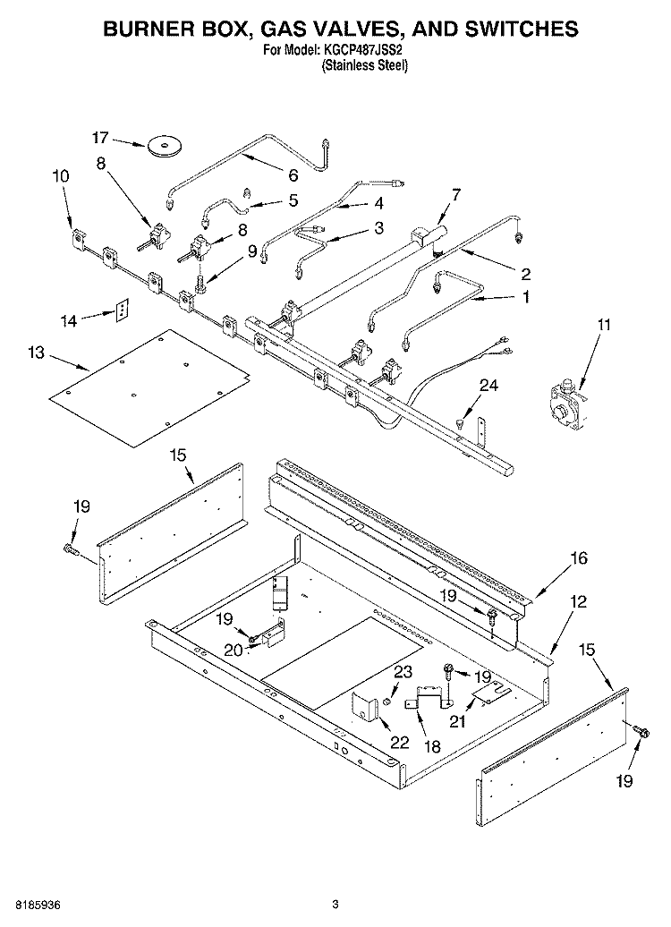 BURNER BOX, GAS VALVES, AND SWITCHES Diagram and Parts List for KGCP487JSS2  KitchenAid Cooktop