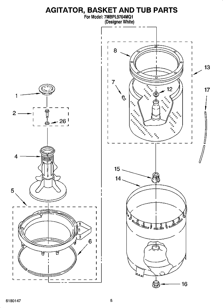 AGITATOR, BASKET AND TUB PARTS Diagram and Parts List for 7MBPL9764MQ1  Whirlpool Washer