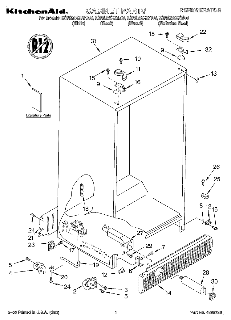CABINET, LITERATURE Diagram and Parts List for KSRS25CHWH00  KitchenAid Refrigerator