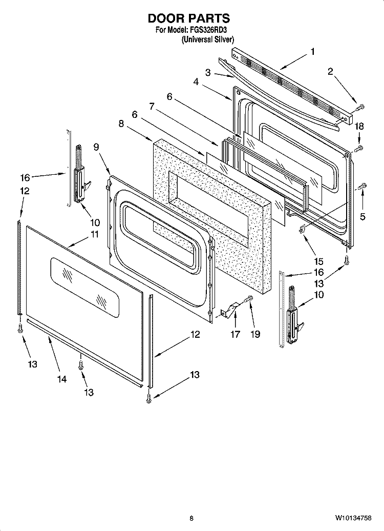 DOOR PARTS, OPTIONAL PARTS Diagram and Parts List for FGS326RD3  Roper Range