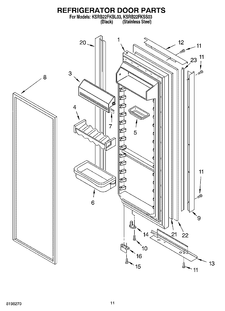 REFRIGERATOR DOOR PARTS Diagram and Parts List for KSRB22FKSS03  KitchenAid Refrigerator