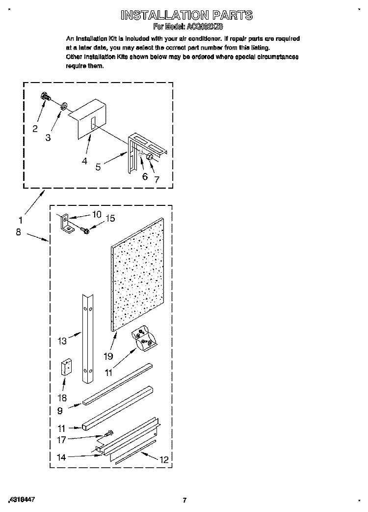 INSTALLATION Diagram and Parts List for ACQ082XZ0  Whirlpool Air Conditioner