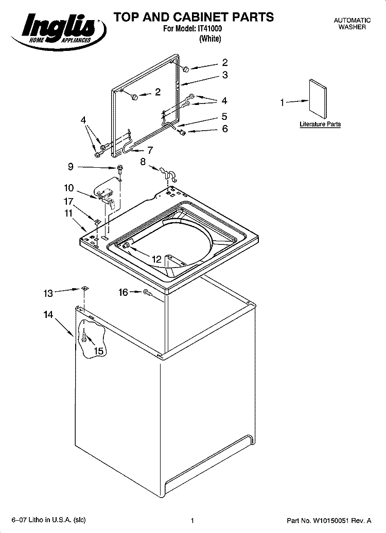 TOP AND CABINET PARTS Diagram and Parts List for IT41000  Inglis Washer