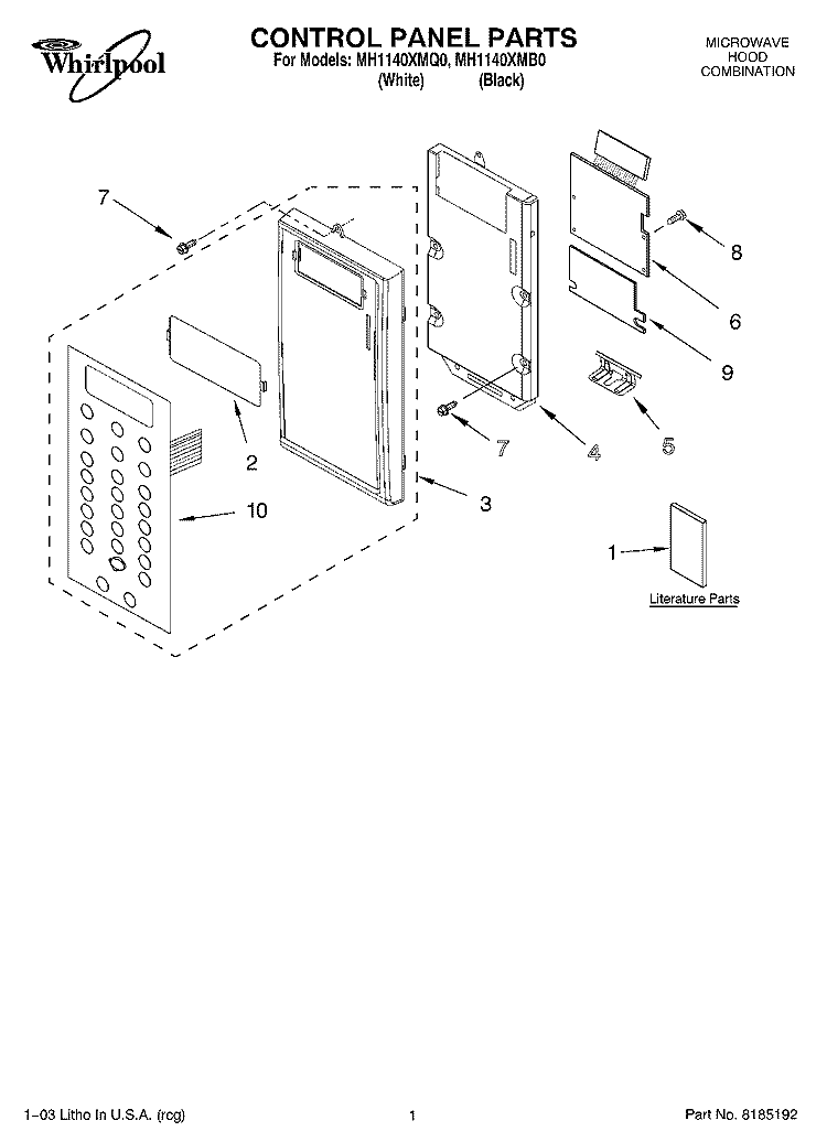 CONTROL PANEL PARTS Diagram and Parts List for MH1140XMB0  Whirlpool Microwave