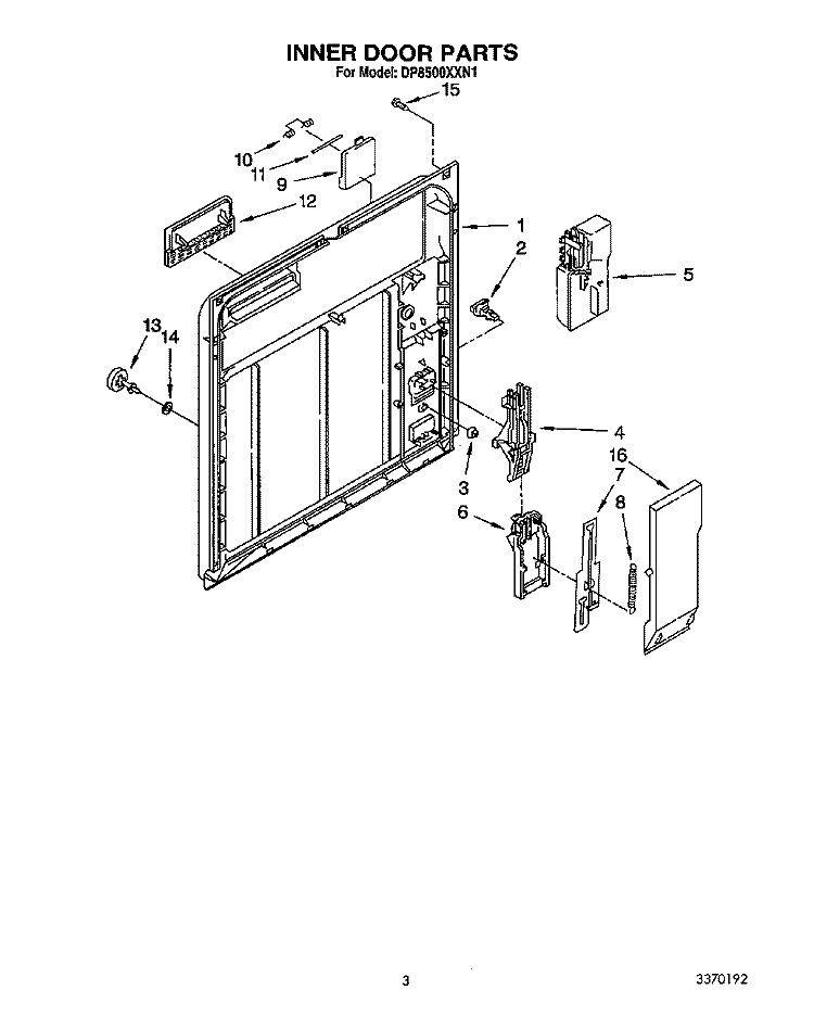 INNER DOOR Diagram and Parts List for DP8500XXN1  Whirlpool Dishwasher