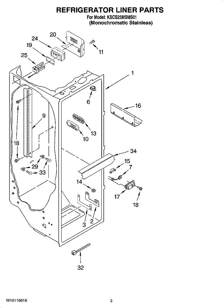 REFRIGERATOR LINER PARTS Diagram and Parts List for KSCS25MSMS01  KitchenAid Refrigerator