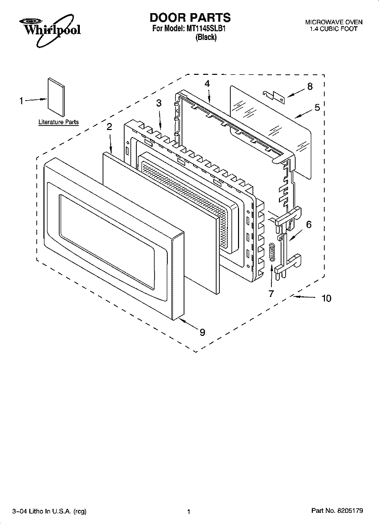 DOOR PARTS Diagram and Parts List for MT1145SLB1  Whirlpool Microwave