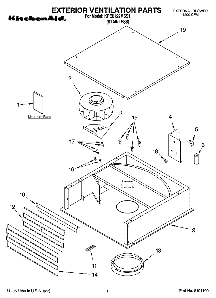 EXTERIOR VENTILATION PARTS Diagram and Parts List for KPEU722MSS1  KitchenAid Range Hood