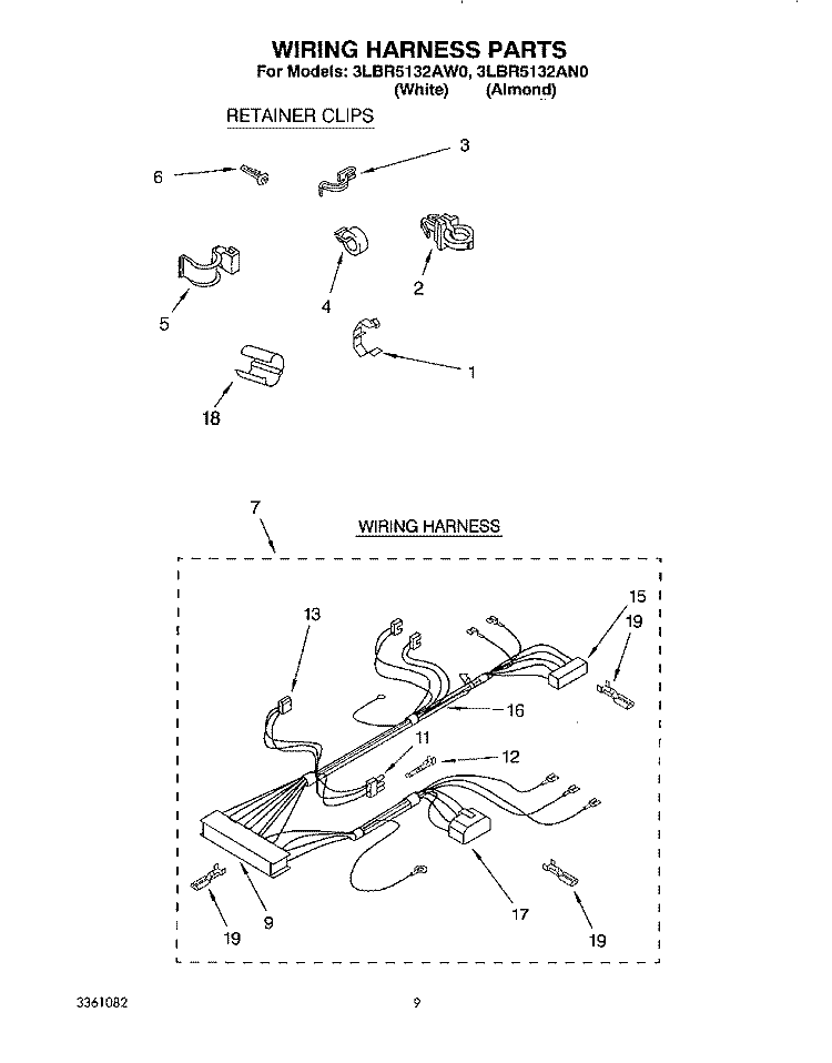 WIRING HARNESS Diagram and Parts List for 3LBR5132AN0  Whirlpool Washer