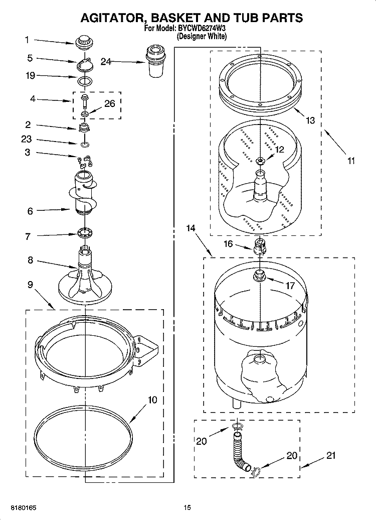 AGITATOR, BASKET AND TUB PARTS Diagram and Parts List for BYCWD6274W3  Crosley Washer Dryer Combo