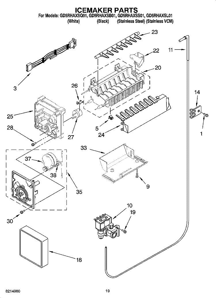 ICEMAKER PARTS, OPTIONAL PARTS (NOT INCLUDED) Diagram and Parts List for GD5RHAXSS01  Whirlpool Refrigerator
