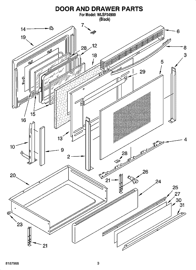 DOOR AND DRAWER PARTS Diagram and Parts List for WLSP34900  Whirlpool Range