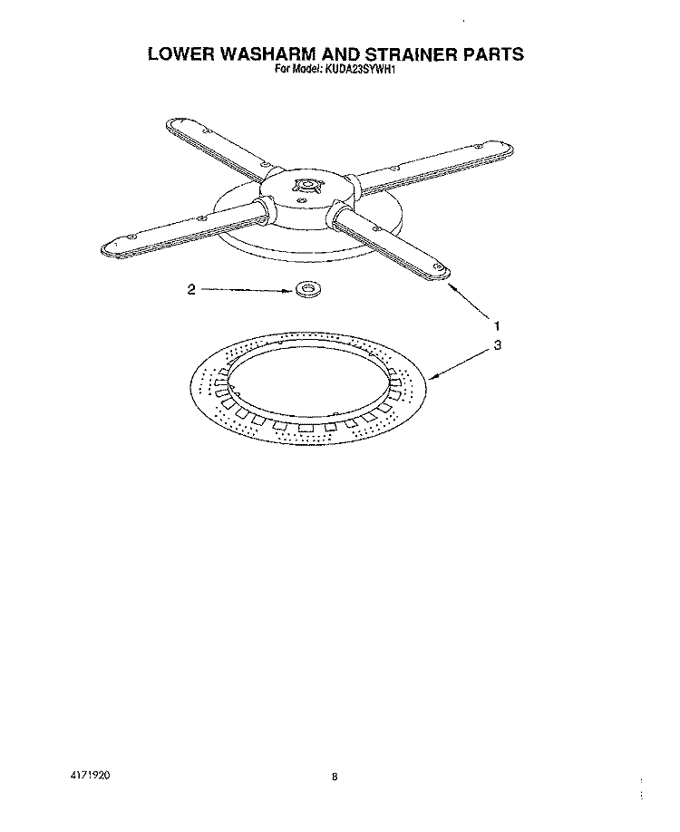 LOWER WASHARM AND STRAINER Diagram and Parts List for KUDA23SYWH1  KitchenAid Dishwasher
