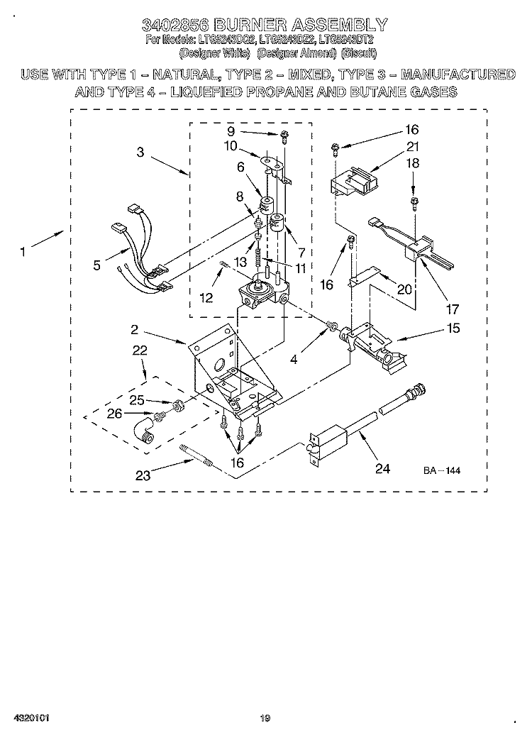 3402856 BURNER Diagram and Parts List for LTG5243DT2  Whirlpool Washer Dryer Combo
