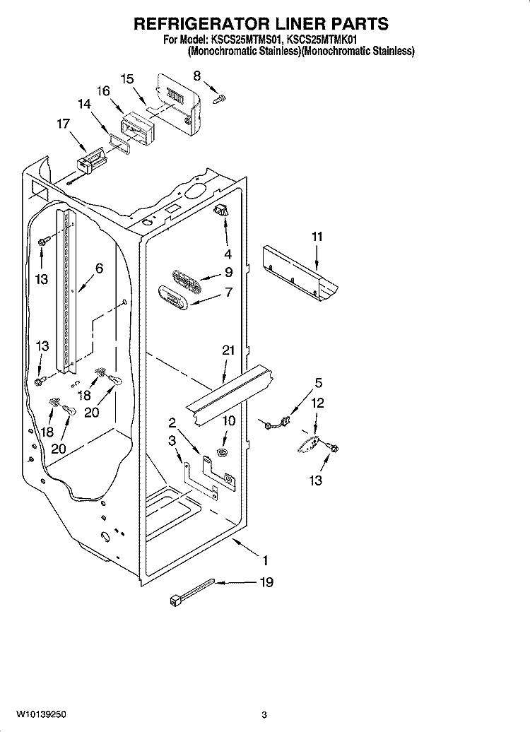 REFRIGERATOR LINER PARTS Diagram and Parts List for KSCS25MTMK01  KitchenAid Refrigerator