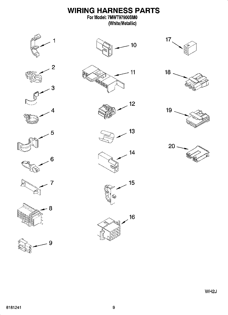 WIRING HARNESS PARTS Diagram and Parts List for 7MWT97900SM0  Whirlpool Washer