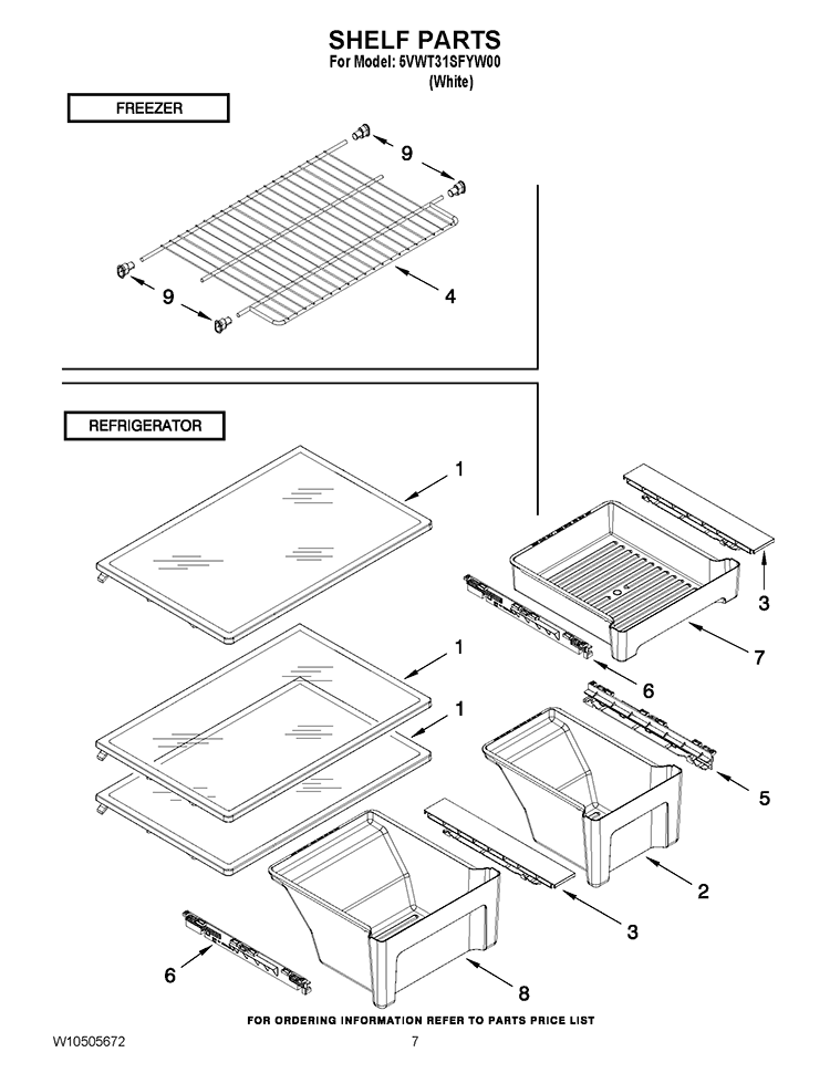 SHELF PARTS Diagram and Parts List for 5VWT31SFYW00  Whirlpool Refrigerator